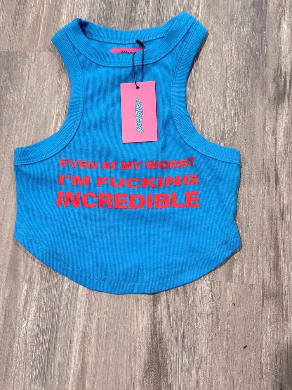 Edikted Blue Crop Tank with Red Statement Print